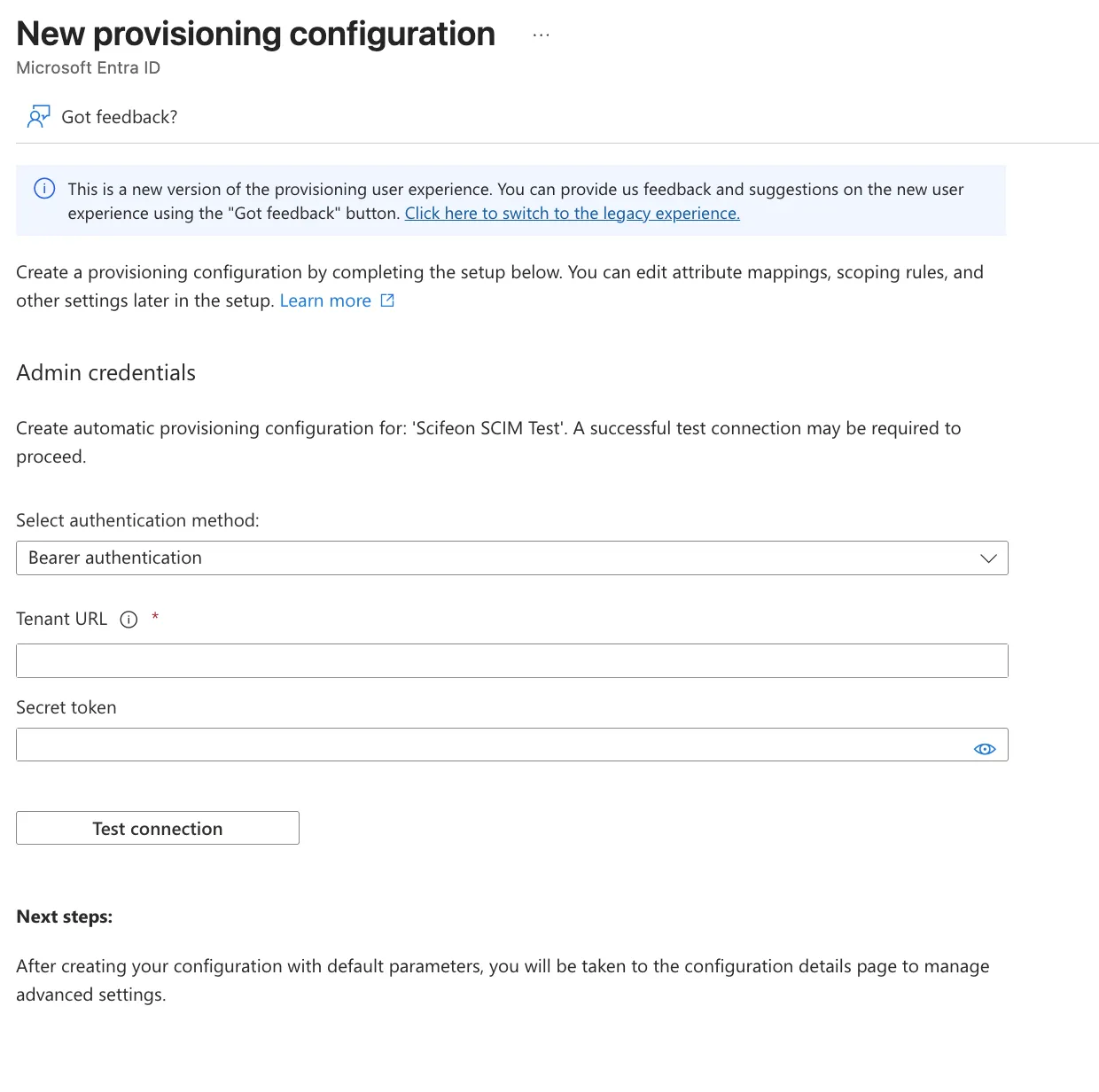 New provisioning configuration - enter URL and token
