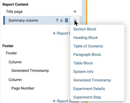 The list of blocks you can add inside a column