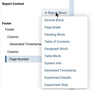 The list of blocks you can add to the report content