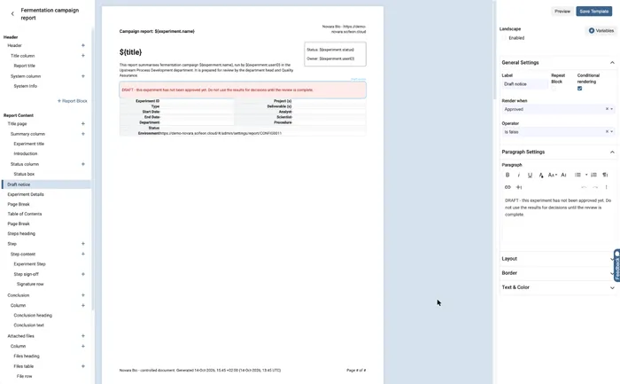 The Report Designer with the navigator on the left, the page preview in the middle and the settings panel on the right