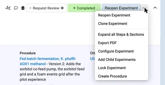 The Export PDF menu item on an experiment