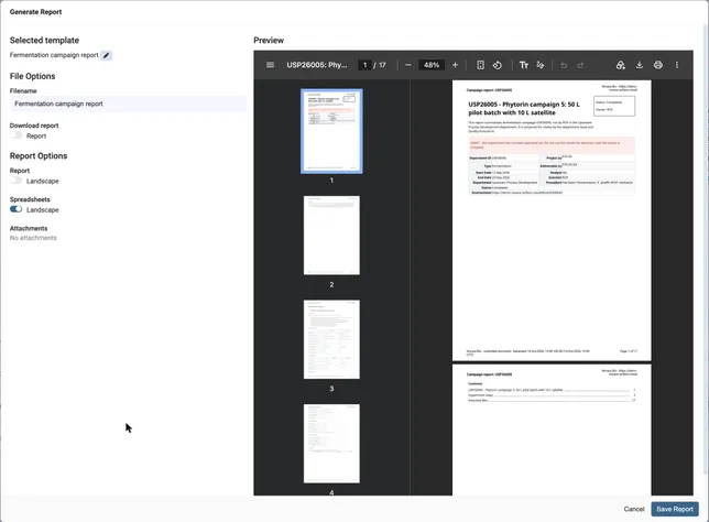 The Generate Report dialog with a preview of the report for experiment USP26005