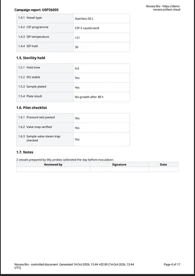 A step page in the generated report, ending with the sign-off table