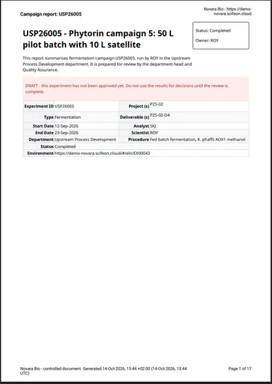 The title page of the generated report, with the summary on the left and the status box on the right