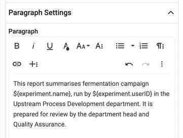 The paragraph editor with text that contains variables