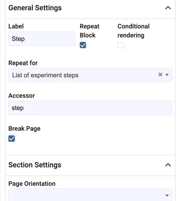 A section repeated for every experiment step, with a page break after each step
