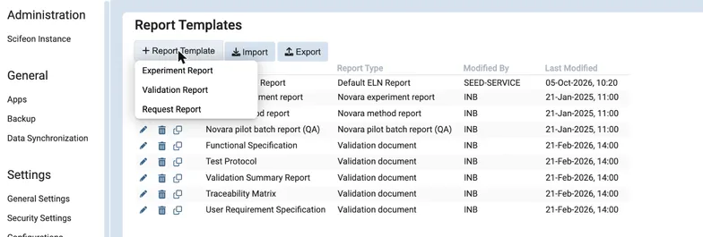 The Report Templates page with the menu for creating a new template open
