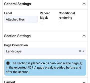 Section settings with landscape page orientation