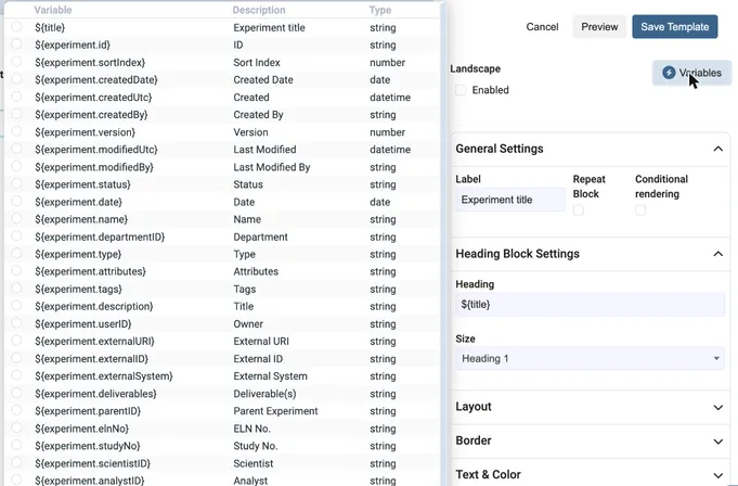 The list of variables for an Experiment Report